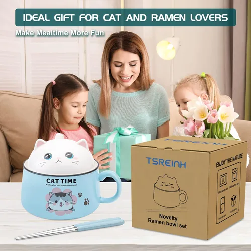 Miniatura 4 de Juego de cuencos para ramen con palillos, lindos cuencos de fideos instantáneos para ramen con diseño de gato lindo con tapa, cuencos de cerámica