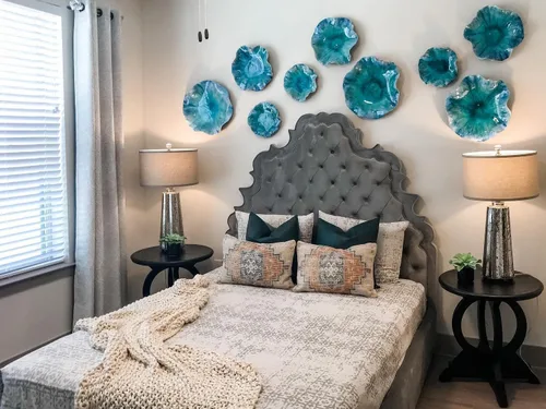 Miniatura 4 de MY SWANKY HOME Juego de arte de pared con almohadilla de lirio aguamarina turquesa 3 Escultura de flores azul colgante