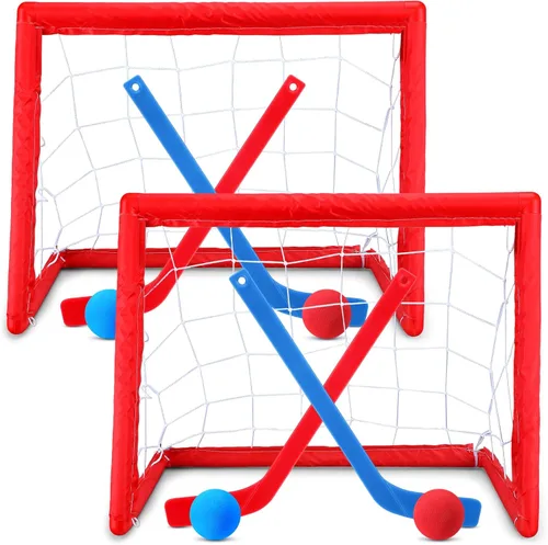 Leyndo Juego de 2 juegos de mini hockey para niños, incluye 2 redes de hockey, 2 mini portería de hockey, 4 mini palos de hockey de plástico, 4 rojo