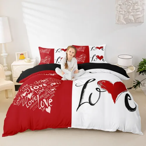 Miniatura 4 de Juego de funda de edredón para parejas, juego de ropa de cama de corazón de amor rojo, juego de funda de edredón romántica para boda, regalo