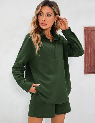 Miniatura 4 de Zeagoo Conjunto de 2 piezas para mujer, conjunto de ropa de descanso de algodón y lino, camisa de manga larga con cuello en V y pantalones cortos