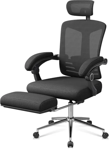 DEVAISE Silla de escritorio ergonómica de malla con reposapiés, cómoda silla de computadora reclinable grande y alta con soporte lumbar ajustable,