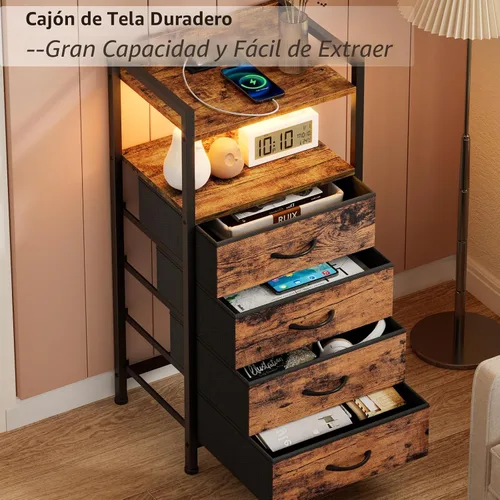 Miniatura 8 de Furnulem Mesita de noche con estación de carga y luz LED, cómoda de 4 cajones para dormitorio, mesita de noche pequeña mesa de cabecera, cubos