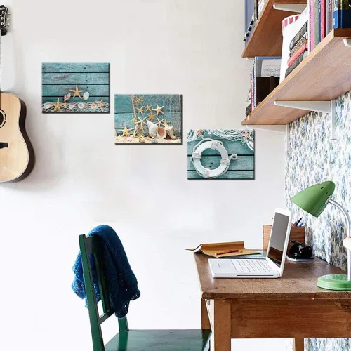 Miniatura 3 de Biuteawal - 3 piezas de lienzo para pared, diseño de concha de estrella de mar sobre tablero verde azulado, impresiones de playa, naturaleza, lienzo