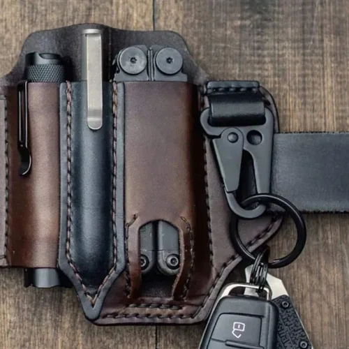 Miniatura 7 de Amorr Funda multiherramienta de cuero para cinturón, organizador de bolsillo EDC con soporte para llaves, cinturón de almacenamiento, bolsa de Negro