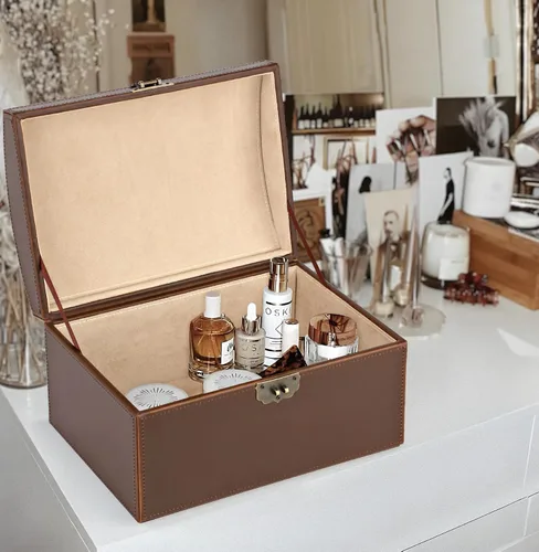 Miniatura 4 de HofferRuffer Caja decorativa de piel sintética, caja de recuerdos de estructura de madera grande, organizador de accesorios, organizador de joyas