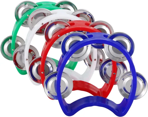 EASTROCK 4 panderetas de percusión de plástico con 4 campanas de percusión de mano, mini pandereta de colores para hacer ruido de colores, pandereta