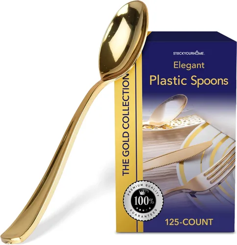 Stock Your Home 125 cucharas desechables de plástico resistente, cubiertos de plástico elegantes que parecen cubiertos reales, utensilios perfectos