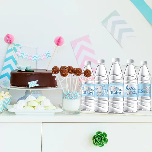 Miniatura 9 de Gersoniel 39 etiquetas para botellas de agua de elefante para baby shower, etiquetas adhesivas impermeables para revelación de género, suministros