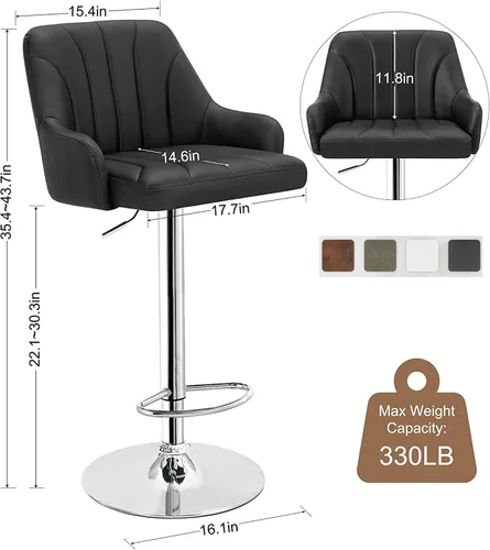 Miniatura 3 de VECELO Juego de 2 taburetes de bar, taburetes de bar ajustables, taburetes de altura de mostrador con respaldo y brazo, taburetes de isla de cocina