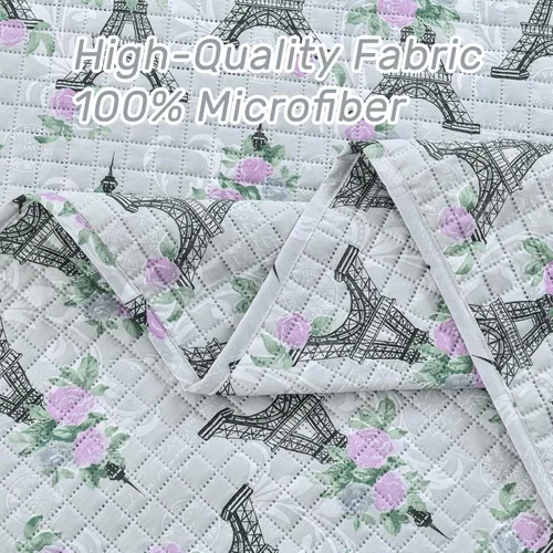 Miniatura 6 de HollyHOME Juego de edredón de 2 piezas tamaño Twin de la Torre Eiffel con diseño floral rosa sobre gris, cubrecama, incluye 1 edredón, 1 funda