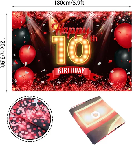 Miniatura 2 de Cartel de feliz cumpleaños 10 años, fondo rojo y negro, decoraciones de cumpleaños para niñas y niños de 10 años, artículos de fotografía