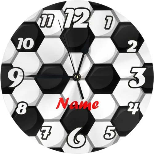 Reloj de pared personalizado con textura de fútbol para habitación de niños, reloj de pared personalizado con nombre de niño, regalo de cumpleaños,