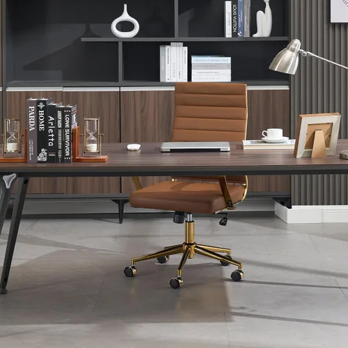 Miniatura 8 de Okeysen Silla de escritorio de oficina dorada, sillas ergonómicas de cuero modernas para sala de conferencias, silla ejecutiva acanalada ajustable