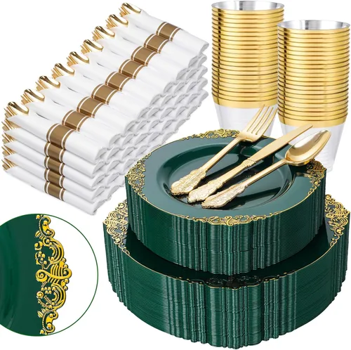Miniatura 15 de Nervure 350 platos de plástico dorados, juegos de vajilla de plástico dorado para 50 invitados, 100 platos desechables, 150 cubiertos, 50 tazas, 50
