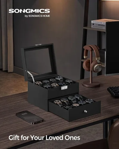 Miniatura 2 de SONGMICS Caja de reloj de 16 ranuras, caja de reloj con tapa de vidrio, 2 capas, vitrina de reloj con cerradura, cuero sintético negro, forro negro
