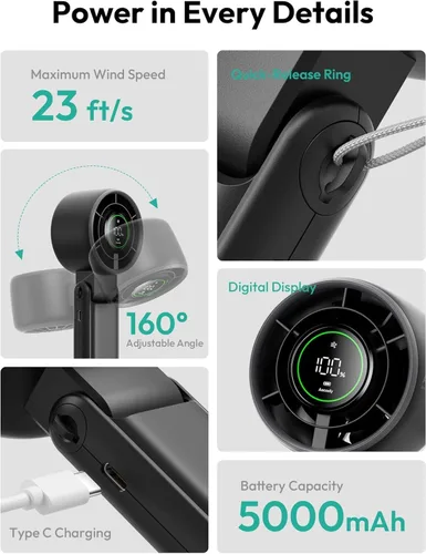 Miniatura 3 de Aecooly Ventilador turbo portátil de mano, batería de 5000 mAh [tiempo de enfriamiento máximo de 22 horas] Mini ventilador recargable USB, pequeño