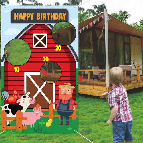 Cartel de juegos de lanzamiento de animales de granero rojo con temática de vaca, cerdo, pollo, decoración para fiesta de cumpleaños de niños y