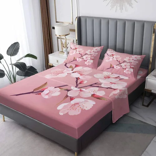 Miniatura 8 de Juego de sábanas de 3 piezas con estampado de flor de cerezo, tamaño individual, sábanas y fundas de almohada estampadas de Sakura, sábana bajera
