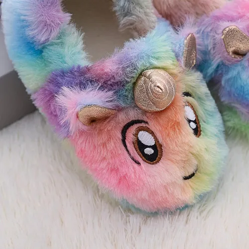 Miniatura 2 de Lindas pantuflas de unicornio mullidas y mullidas para el invierno, cálidas pantuflas de felpa de animales de dibujos animados para interiores