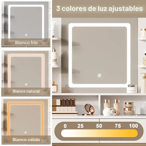 Miniatura 4 de Tocador blanco con espejo iluminado, 8 estantes, 2 cajones, estación de carga, soporte para secador de pelo y taburete, espejo LED con 3 modos de luz