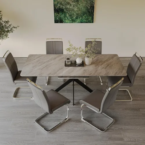 Miniatura 2 de Mesa de comedor de mármol para 4-8, mesa de comedor extensible de 62.4 a 78.15 pulgadas, mesa de cocina moderna, mesa rectangular que ahorra espacio