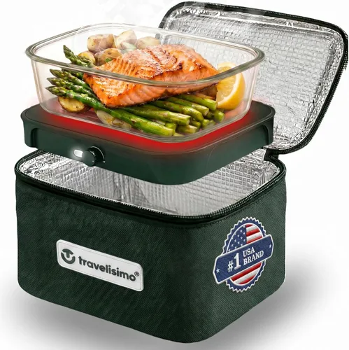 Miniatura 11 de TRAVELISIMO Microondas portátil, calentador de alimentos portátil para uso en el trabajo y el hogar, caja de almuerzo con calefacción 12V/24V/110V