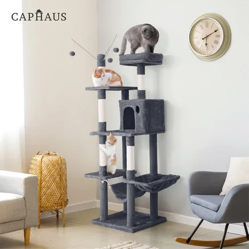 Miniatura 8 de CAPHAUS Torre de escalada alta moderna para juego en interiores para gatos grandes y gatitos, de 70 pulgadas con percha superior, casa cueva