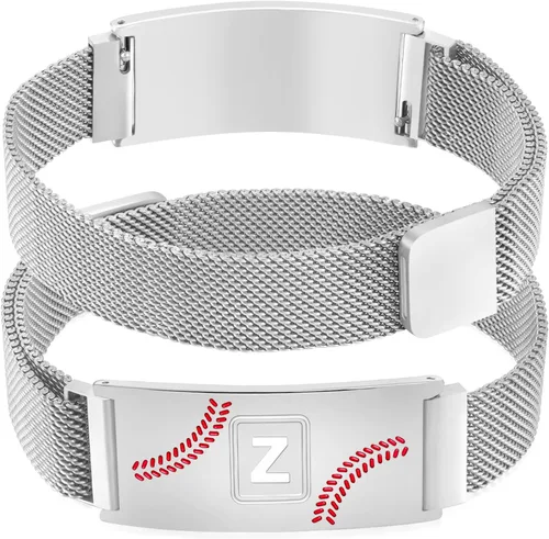 Miniatura 38 de Fervia Regalos de graduación de Pascua para hombres, pulsera con inicial de béisbol, color negro, plateado, dorado, acero inoxidable, pulseras