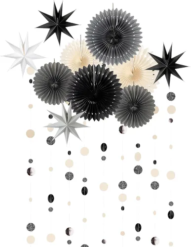 Cheerland Decoraciones de fiesta de estrellas blancas y negras, guirnalda gótica de verano, guirnalda de papel colgante con purpurina para colgar