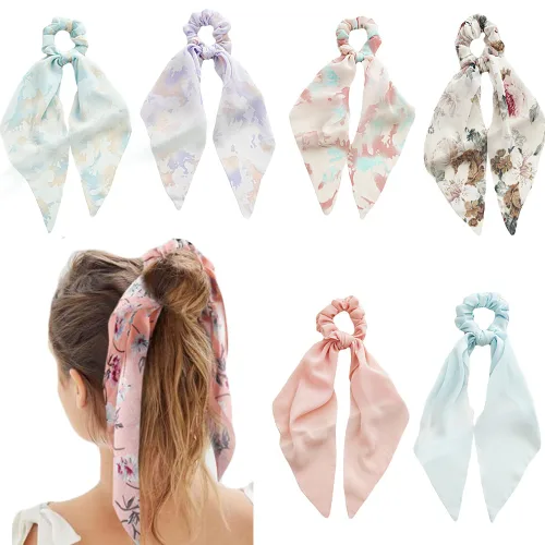 Miniatura 7 de Coleteros de gasa beige y negro con lazos, cintas para el pelo y soportes para cola de caballo para mujeres y niñas (a cuadros, flores, 4 unidades)