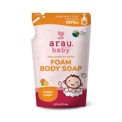 Arau Baby Jabón corporal de espuma, repuesto de aroma cítrico, gel corporal espumoso natural a base de plantas para bebés, bebés y niños pequeños,