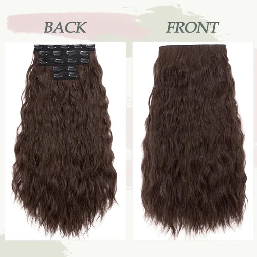 Miniatura 4 de S-noilite Extensiones de cabello con clip de 24 pulgadas en ondulado, marrón, ondas sueltas, 5 piezas, piezas gruesas de cabeza completa