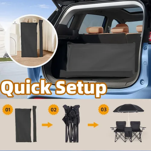 Miniatura 7 de Double Camping Chair with Canopy, with Cup Holder and Side Storage Pockets, for Beach, Camping and Fishing (Black)