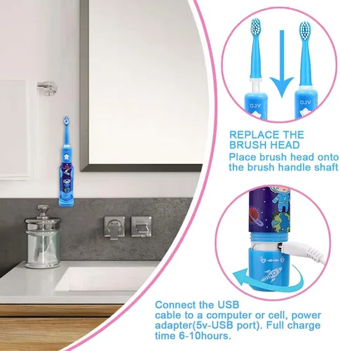 Miniatura 5 de OJV 8620 Cepillos de dientes eléctricos musicales para niños, 3 modos de temporizador de 2 minutos, 6 cerdas recargables de energía inteligente, Azul