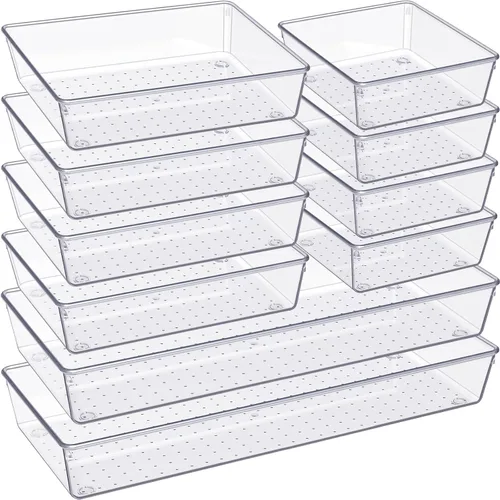 Criusia Organizador de cajones, juego de 10 unidades de plástico transparente grande, 3 tamaños versátiles bandejas organizadoras de baño y tocador,