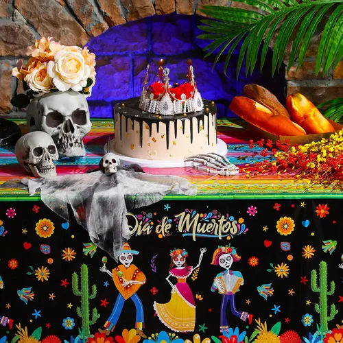 Miniatura 5 de Mantel de 3 piezas con diseño del Día de los Muertos, Día de los Muertos, para Halloween, diseño de calavera de azúcar, floral, fiesta mexicana