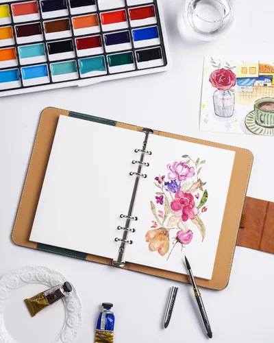 Miniatura 9 de Fuumuui Cuaderno de bocetos de acuarela con pincel de viaje de doble punta, bloc de papel de acuarela, 100% algodón sin ácidos, prensa en frío