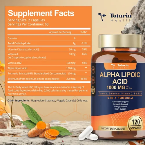 Miniatura 3 de 2 Paquetes de Cápsulas de Suplemento Antioxidante de Ácido Alfa-Lipoico 1000mg para Apoyo a la Neuropatía, Salud de los Nervios, Desintoxicación