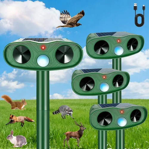 Paquete de 4 repelentes ultrasónicos de animales para exteriores, repelente de ciervos para exteriores, repelente solar de gatos 2025, repelente de