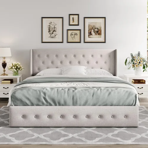 Miniatura 7 de Allewie Cama de almacenamiento elevable tamaño Queen, cabecero capitonado con botones con respaldo de ala, soporte hidráulico, no necesita somier