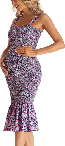 Miniatura 4 de Vestido de maternidad sin mangas con tirantes florales midi bodycon cuello cuadrado volantes sirena vestido fruncido para baby shower