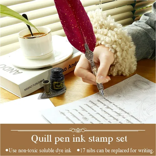 Miniatura 6 de Juego de Pluma y Tinta, Juego de Tinta de Pluma de Pluma Incluye Pluma de Pluma y pluma de inmersión de madera, Tinta, 17 Puntas de Repuesto, Base