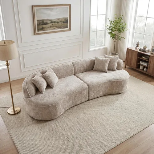 Miniatura 10 de Sofá modular curvado de 110 pulgadas para sala de estar, moderno sofá modular de felpa de felpa de gran tamaño con asiento profundo comprimido sin