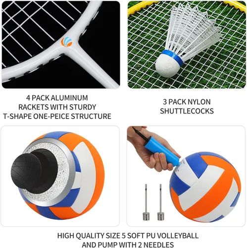 Miniatura 7 de Conjunto combinado de bádminton de voleibol al aire libre con red, diseño antiflacidez, 4 raquetas de bádminton, 3 pajaritos y voleibol de Oange