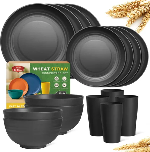 Miniatura 9 de Teivio Juego de vajilla de plástico de paja de trigo de 16 piezas, servicio para 4, platos de cena, plato de postre, tazones para cereales, tazas