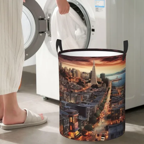 Miniatura 7 de Cesta circular con estampado de San Francisco, impermeable, cesta organizadora de lavandería, con asas, para ropa, juguetes, pequeña