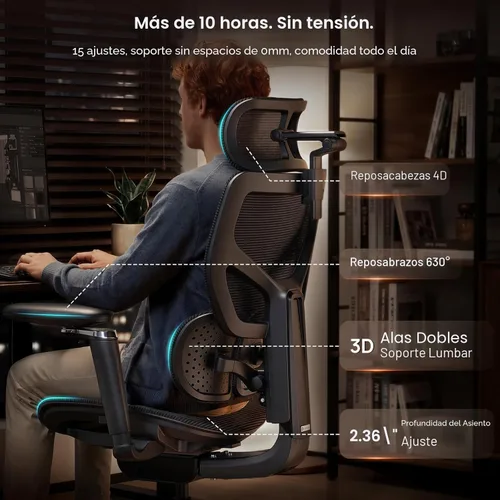 Miniatura 3 de Silla de oficina ergonómica con soporte lumbar, más de 10 horas sentado, cómodo, sillas de escritorio de malla grandes y altas, reposacabezas 4D