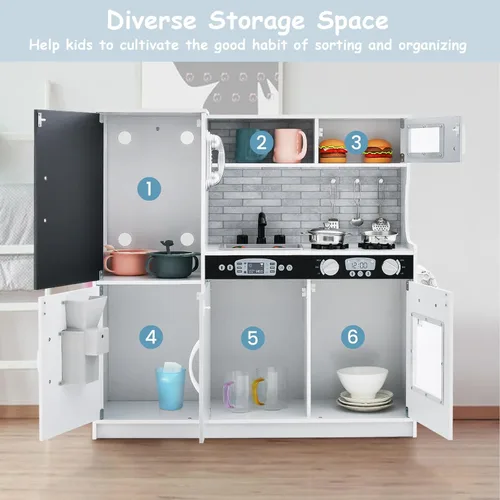 Miniatura 8 de MAT EXPERT Juego de cocina para niños, cocina de juguete de chef de madera con pizarra, máquina de hielo, accesorios de utensilios de cocina, Blanco