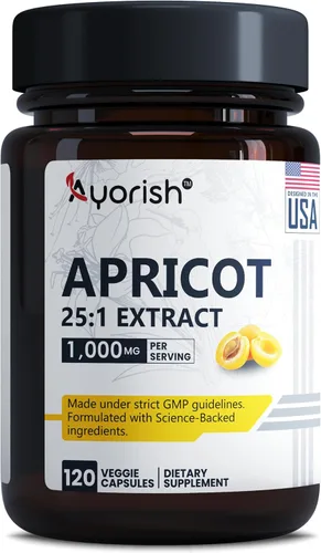 Extracto de albaricoque 25:1, 500 mg por cápsula 1000 mg por porción Suplemento de hierbas de apoyo inmunológico (paquete de 1) (120 cápsulas)